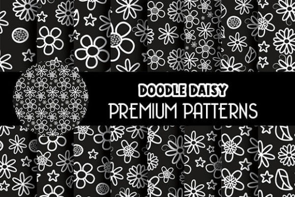 Black Daisy Flowers Doodle Patterns