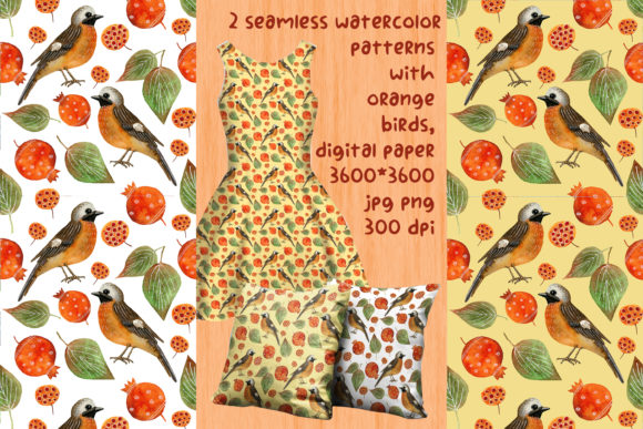 Evaluating 2 Watercolor Patterns with Orange Birds for Your Creative Projects